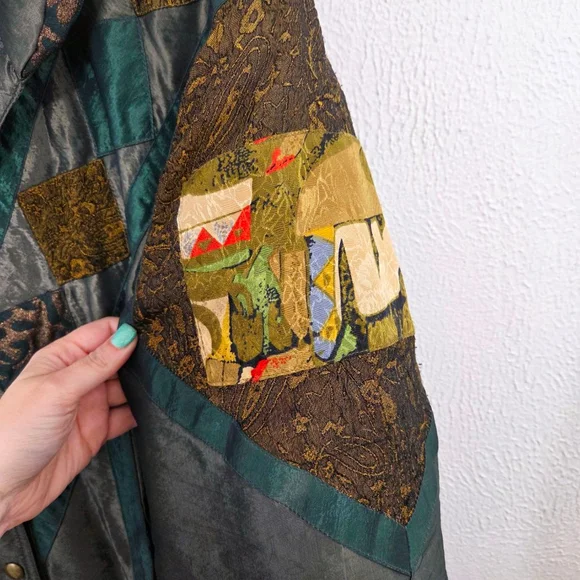 Vintage 80s patchwork puffer jacket dark green gold ski coat women's size medium - Picture 5 of 7